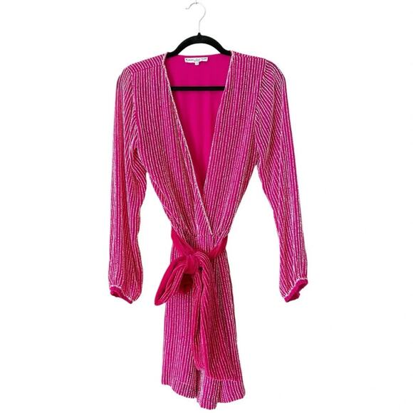 Karina Grimaldi Velvet Trim Party Chiffon Beaded Mini Wrap Robe Dress in Pink - Picture 2 of 11